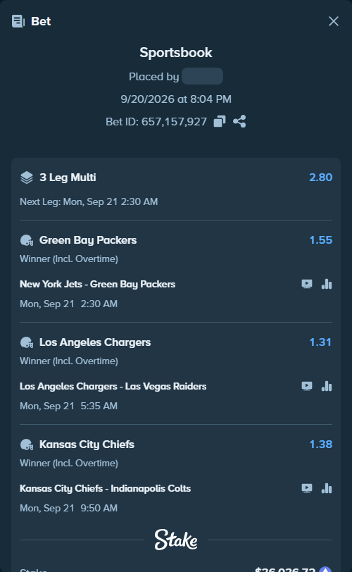 Bet slip: Kansas City Chiefs - Indianapolis Colts, $38,473.54 stake at 1.38 odds, placed by XposedTwirch