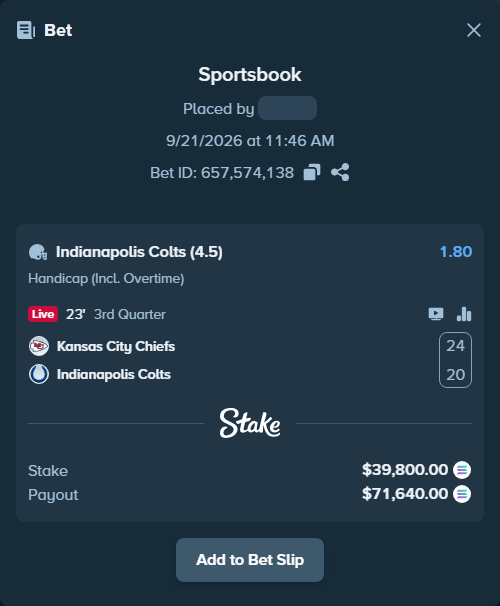 Bet slip: Kansas City Chiefs - Indianapolis Colts, $41,631.63 stake at 1.80 odds, placed by riskfury