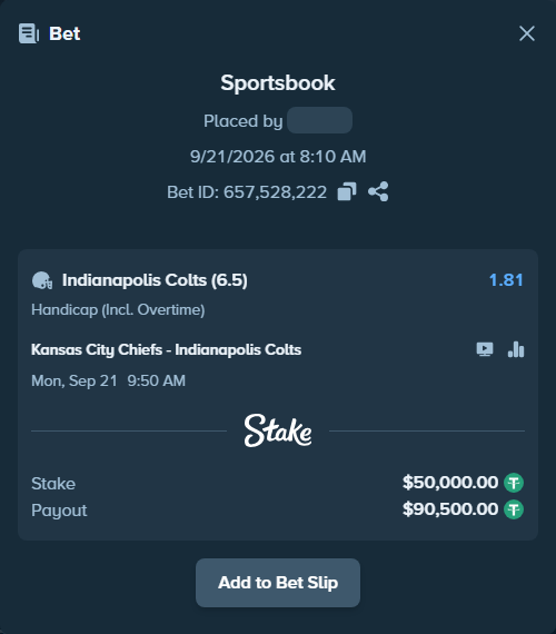 Bet slip: Kansas City Chiefs - Indianapolis Colts, $50,000.00 stake at 1.81 odds, placed by dvento
