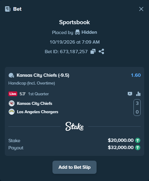 Bet slip: Kansas City Chiefs - Los Angeles Chargers, $20,020.00 stake at 1.60 odds, placed by Hidden