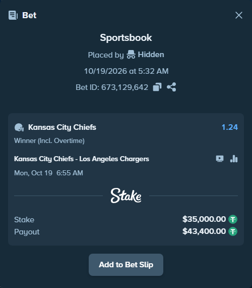 Bet slip: Kansas City Chiefs - Los Angeles Chargers, $35,035.00 stake at 1.24 odds, placed by Hidden