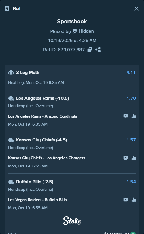 Bet slip: Kansas City Chiefs - Los Angeles Chargers, $50,050.00 stake at 1.57 odds, placed by Hidden