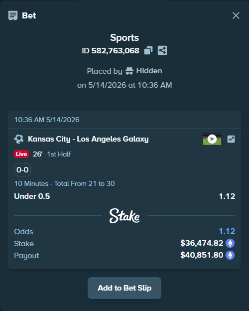 Bet slip: Kansas City - Los Angeles Galaxy, $27,907.19 stake at 1.12 odds, placed by Hidden