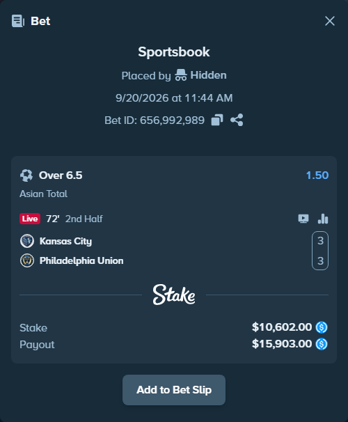 Bet slip: Kansas City - Philadelphia Union, $10,602.00 stake at 1.50 odds, placed by Hidden