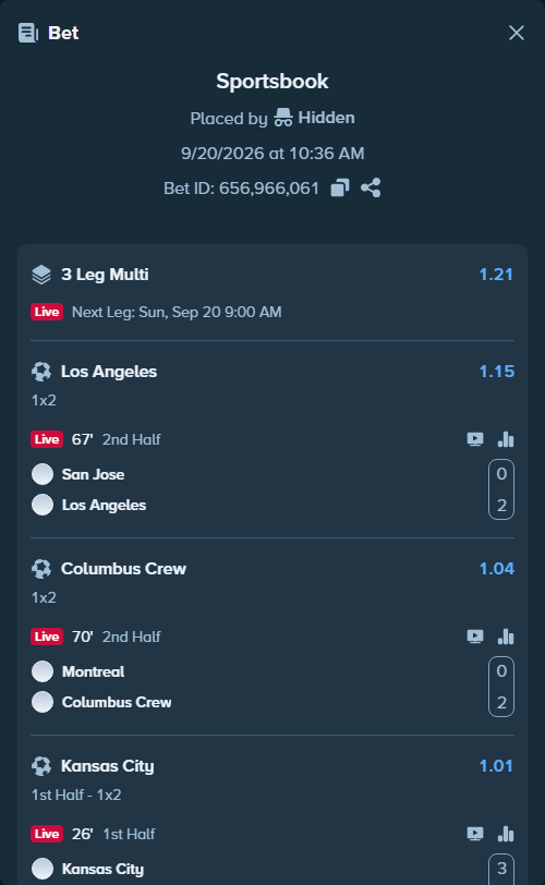 Bet slip: Kansas City - Philadelphia Union, $22,474.66 stake at 1.01 odds, placed by Hidden