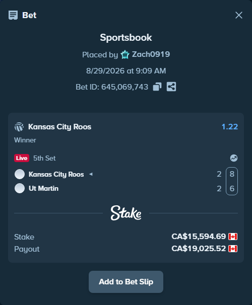Bet slip: Kansas City Roos - Ut Martin Skyhawks, $11,540.07 stake at 1.22 odds, placed by Zach0919