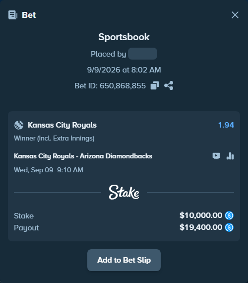 Bet slip: Kansas City Royals - Arizona Diamondbacks, $10,000.00 stake at 1.94 odds, placed by ksports2026