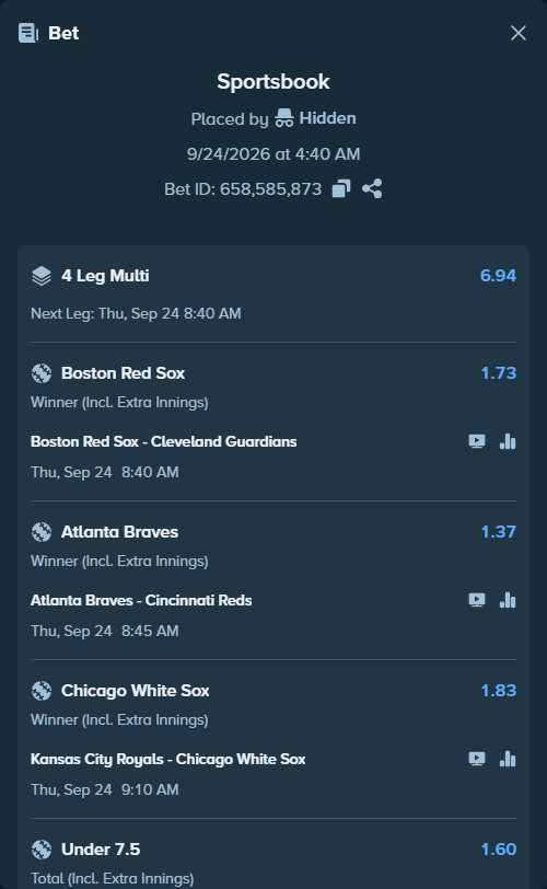 Bet slip: Kansas City Royals - Chicago White Sox, $10,000.00 stake at 1.83 odds, placed by Hidden