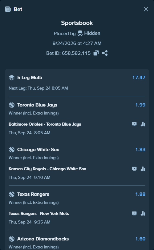 Bet slip: Kansas City Royals - Chicago White Sox, $24,999.00 stake at 1.83 odds, placed by Hidden