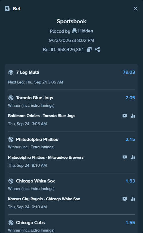 Bet slip: Kansas City Royals - Chicago White Sox, $25,000.00 stake at 1.83 odds, placed by Hidden