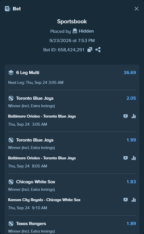 Bet slip: Kansas City Royals - Chicago White Sox, $26,689.18 stake at 1.83 odds, placed by Hidden