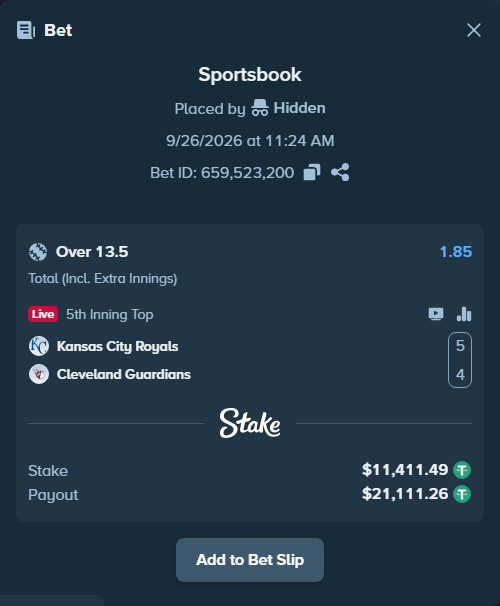 Bet slip: Kansas City Royals - Cleveland Guardians, $11,411.49 stake at 1.85 odds, placed by Hidden