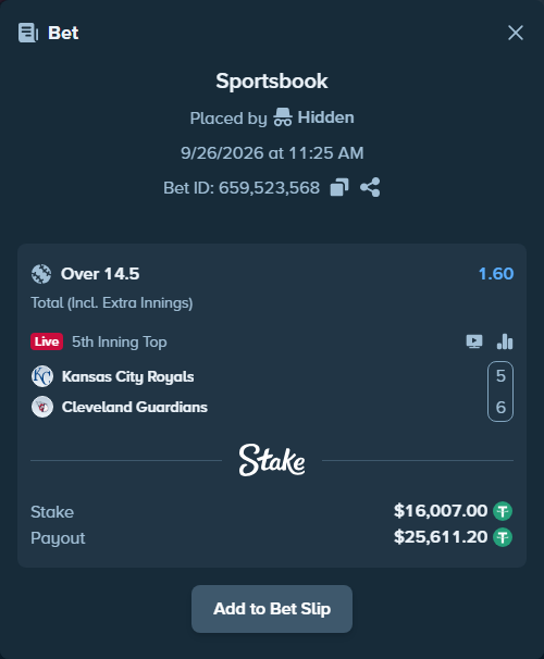 Bet slip: Kansas City Royals - Cleveland Guardians, $16,007.00 stake at 1.60 odds, placed by Hidden