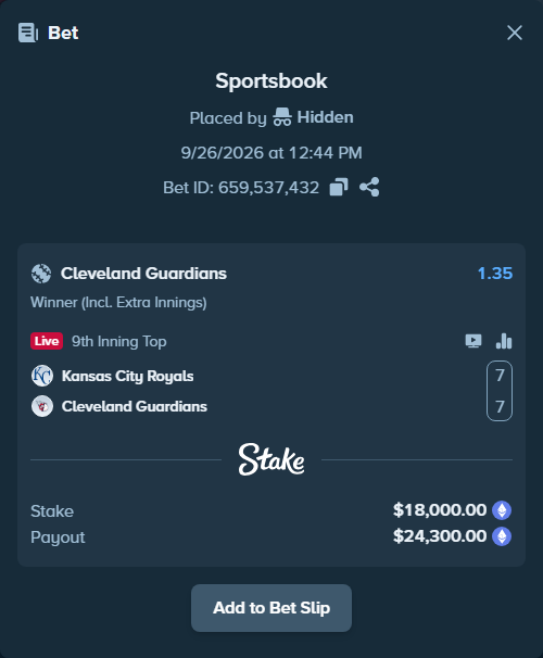 Bet slip: Kansas City Royals - Cleveland Guardians, $17,993.10 stake at 1.35 odds, placed by Jollysea