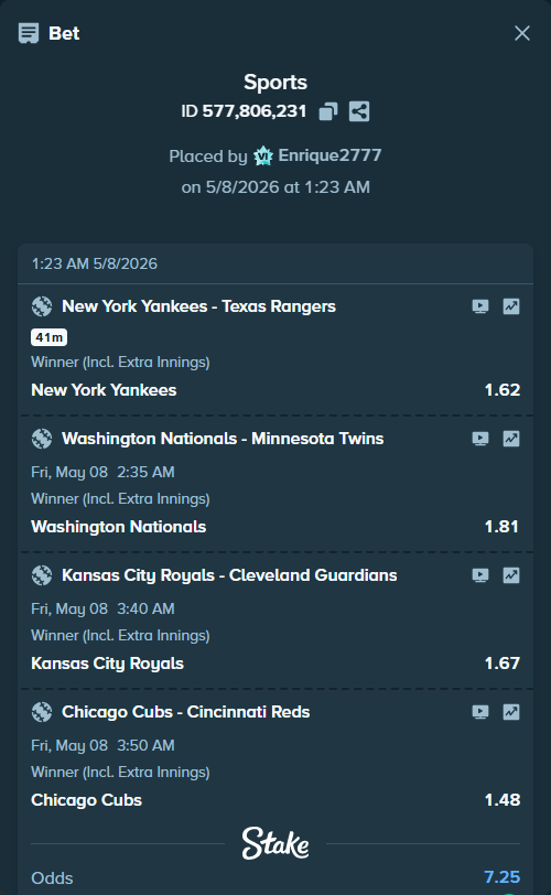 Bet slip: Kansas City Royals - Cleveland Guardians, $20,000.00 stake at 1.67 odds, placed by Enrique2777