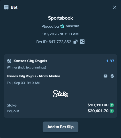 Bet slip: Kansas City Royals - Miami Marlins, $10,910.00 stake at 1.87 odds, placed by buscaut