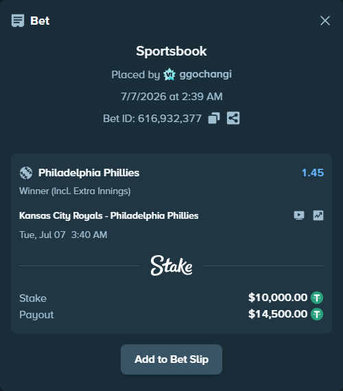 Bet slip: Kansas City Royals - Philadelphia Phillies, $10,010.00 stake at 1.45 odds, placed by ggochangi