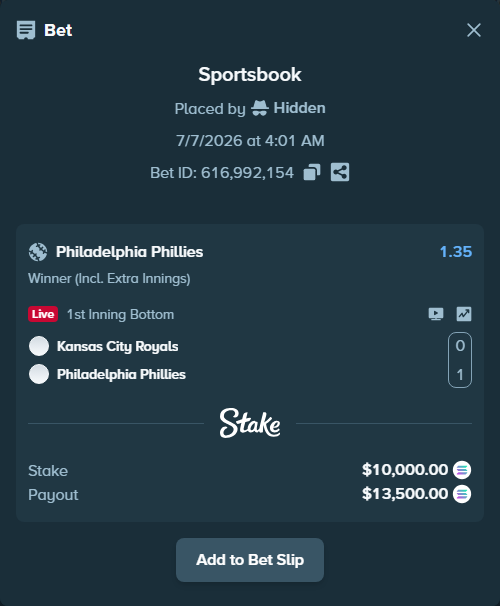 Bet slip: Kansas City Royals - Philadelphia Phillies, $10,063.46 stake at 1.35 odds, placed by Hidden