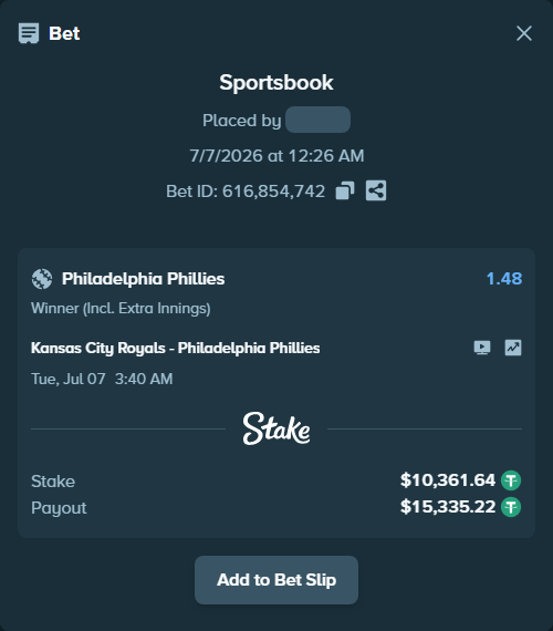 Bet slip: Kansas City Royals - Philadelphia Phillies, $10,372.00 stake at 1.48 odds, placed by fadennesaroush
