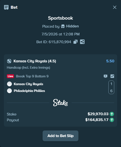 Bet slip: Kansas City Royals - Philadelphia Phillies, $30,000.00 stake at 5.50 odds, placed by Hidden