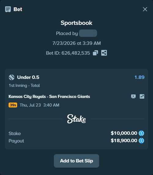 Bet slip: Kansas City Royals - San Francisco Giants, $10,000.00 stake at 1.89 odds, placed by Kdesai1024