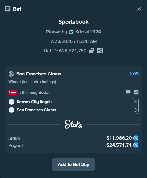 Bet slip: Kansas City Royals - San Francisco Giants, $11,986.20 stake at 2.05 odds, placed by Kdesai1024