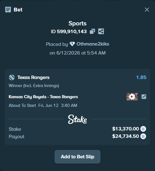 Bet slip: Kansas City Royals - Texas Rangers, $14,692.93 stake at 1.85 odds, placed by Othmane2kiks