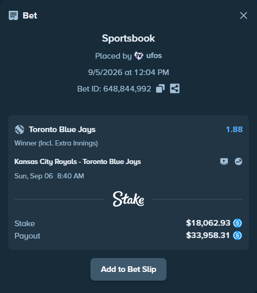 Bet slip: Kansas City Royals - Toronto Blue Jays, $18,062.93 stake at 1.88 odds, placed by ufos