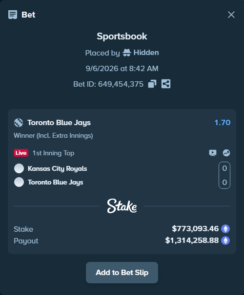 Bet slip: Kansas City Royals - Toronto Blue Jays, $781,344.86 stake at 1.70 odds, placed by Hidden