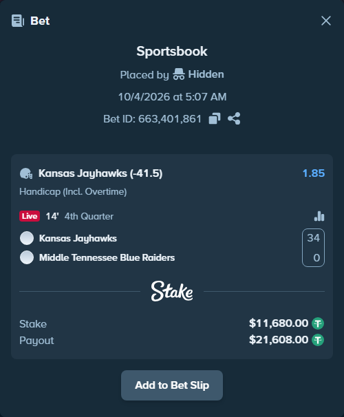 Bet slip: Kansas Jayhawks - Middle Tennessee State Blue Raiders, $11,680.00 stake at 1.85 odds, placed by Hidden