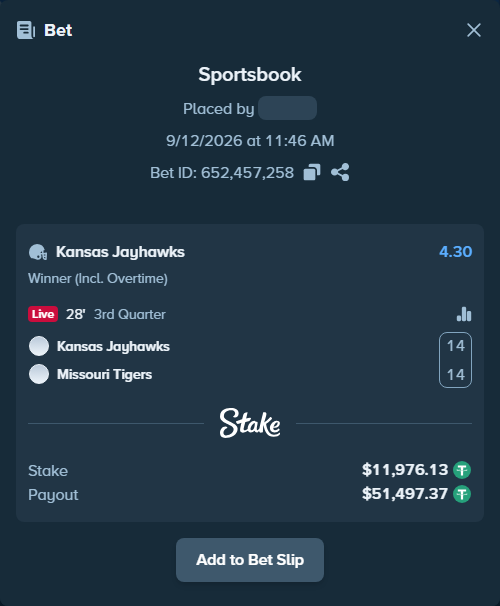 Bet slip: Kansas Jayhawks - Missouri Tigers, $11,976.13 stake at 4.30 odds, placed by ayoflasher