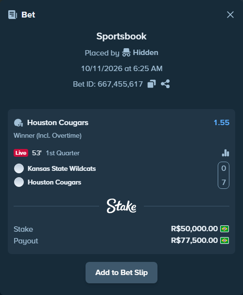 Bet slip: Kansas State Wildcats - Houston Cougars, $10,000.00 stake at 1.55 odds, placed by Hidden