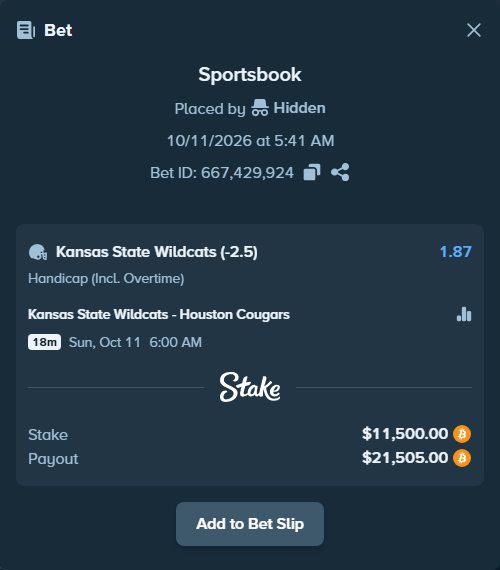 Bet slip: Kansas State Wildcats - Houston Cougars, $11,511.55 stake at 1.87 odds, placed by Dzokoichoi