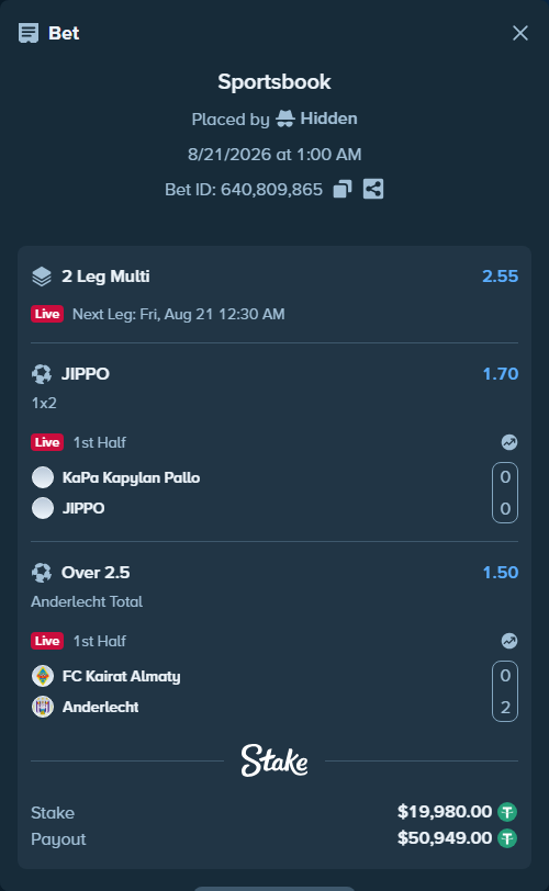 Bet slip: KaPa Kapylan Pallo - JIPPO, $19,999.98 stake at 1.70 odds, placed by Hidden