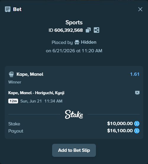 Bet slip: Kape, Manel - Horiguchi, Kyoji, $10,000.00 stake at 1.61 odds, placed by Hidden