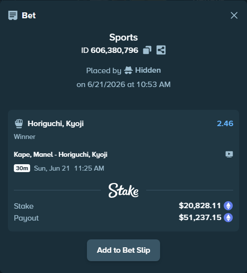 Bet slip: Kape, Manel - Horiguchi, Kyoji, $22,840.01 stake at 2.46 odds, placed by Hidden