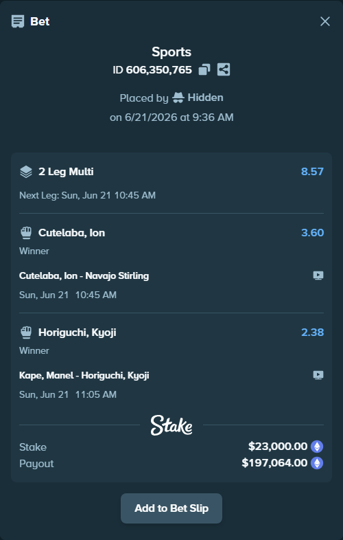 Bet slip: Kape, Manel - Horiguchi, Kyoji, $25,156.05 stake at 2.38 odds, placed by Hidden