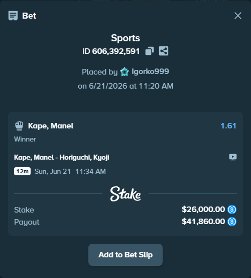 Bet slip: Kape, Manel - Horiguchi, Kyoji, $26,000.00 stake at 1.61 odds, placed by Igorko999