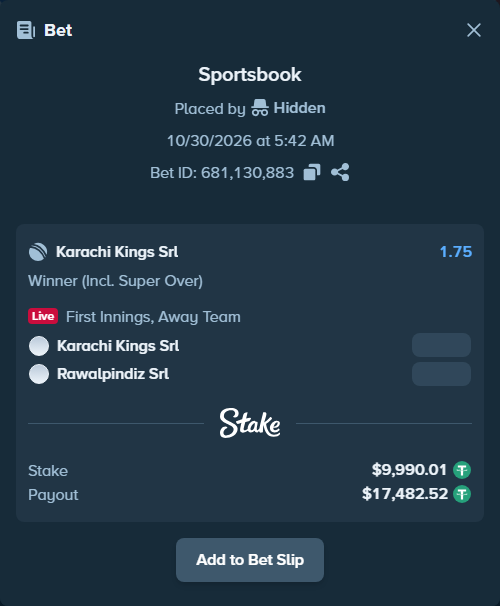 Bet slip: Karachi Kings SRL - Rawalpindiz Srl, $10,000.00 stake at 1.75 odds, placed by joshuahahn