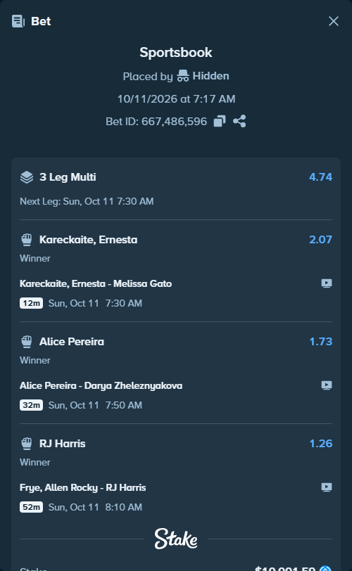 Bet slip: Kareckaite, Ernesta - Melissa Gato, $10,001.59 stake at 2.07 odds, placed by Hidden