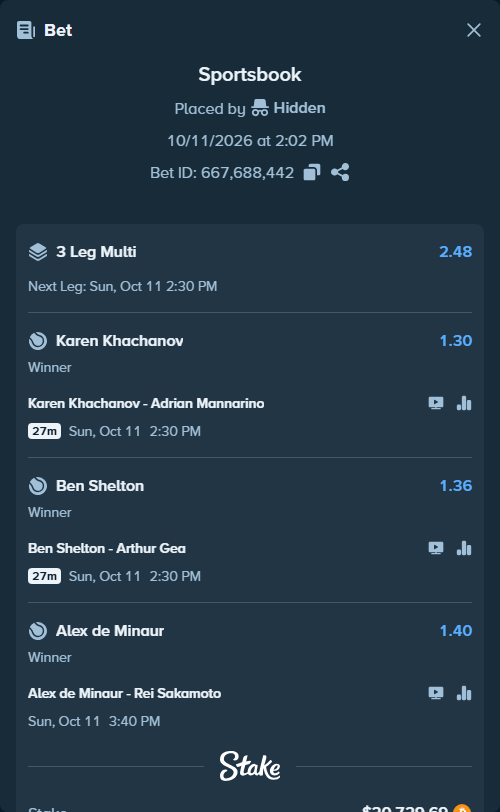 Bet slip: Karen Khachanov - Adrian Mannarino, $20,727.25 stake at 1.30 odds, placed by Hidden