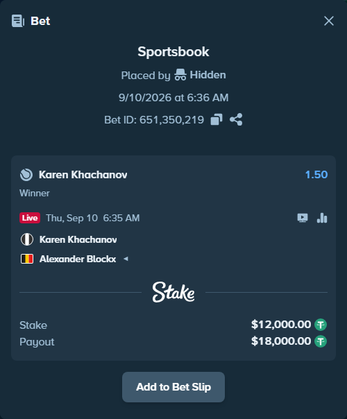 Bet slip: Karen Khachanov - Alexander Blockx, $12,000.00 stake at 1.50 odds, placed by Hidden