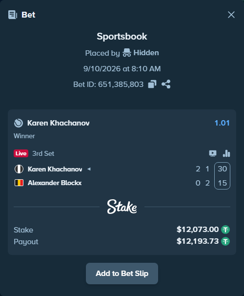 Bet slip: Karen Khachanov - Alexander Blockx, $12,073.00 stake at 1.01 odds, placed by Hidden