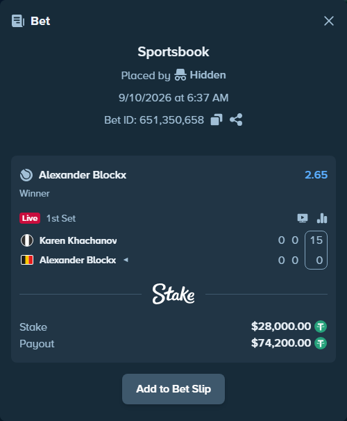 Bet slip: Karen Khachanov - Alexander Blockx, $28,000.00 stake at 2.65 odds, placed by Hidden