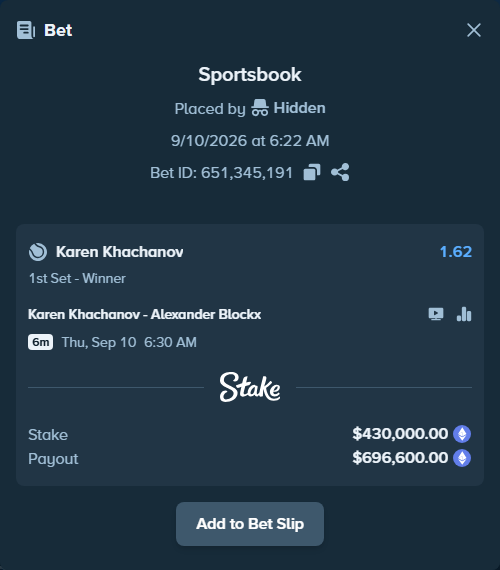 Bet slip: Karen Khachanov - Alexander Blockx, $426,574.34 stake at 1.62 odds, placed by Hidden