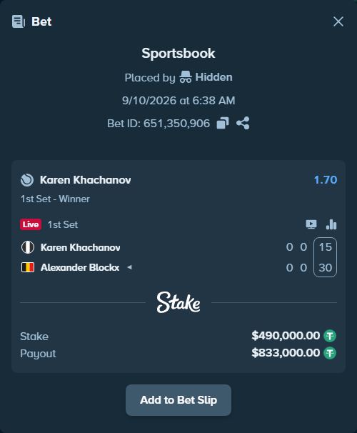 Bet slip: Karen Khachanov - Alexander Blockx, $490,000.00 stake at 1.70 odds, placed by Hidden