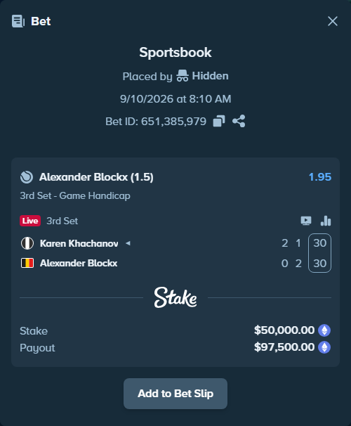 Bet slip: Karen Khachanov - Alexander Blockx, $50,262.16 stake at 1.95 odds, placed by Hidden