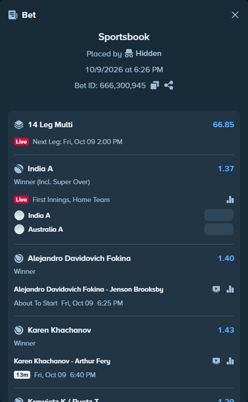 Bet slip: Karen Khachanov - Arthur Fery, $10,075.10 stake at 1.43 odds, placed by Hidden