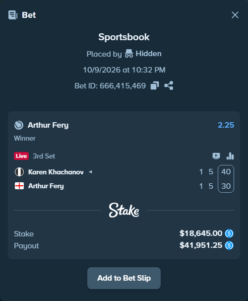 Bet slip: Karen Khachanov - Arthur Fery, $18,645.00 stake at 2.25 odds, placed by piropiro12