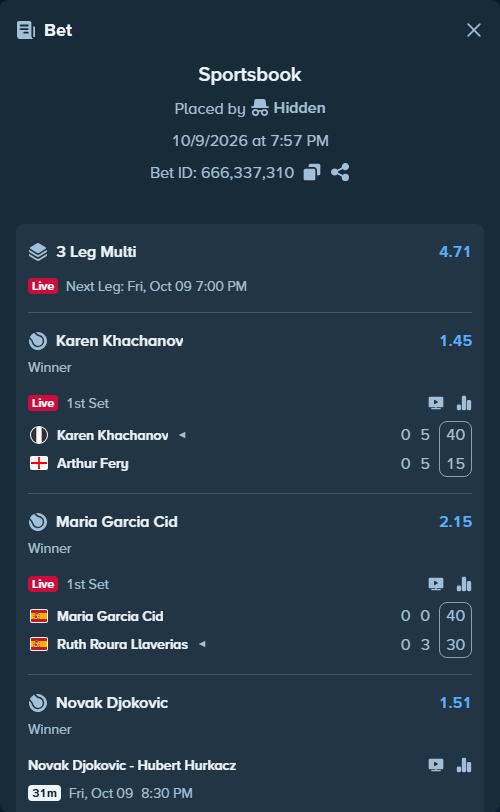 Bet slip: Karen Khachanov - Arthur Fery, $32,000.00 stake at 1.45 odds, placed by Hidden